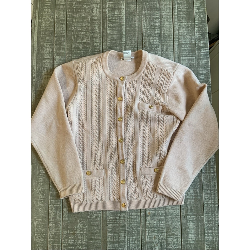 Talbots Sweater Womens Small Beige Wool Cardigan Button Front Cable Knit Vintage